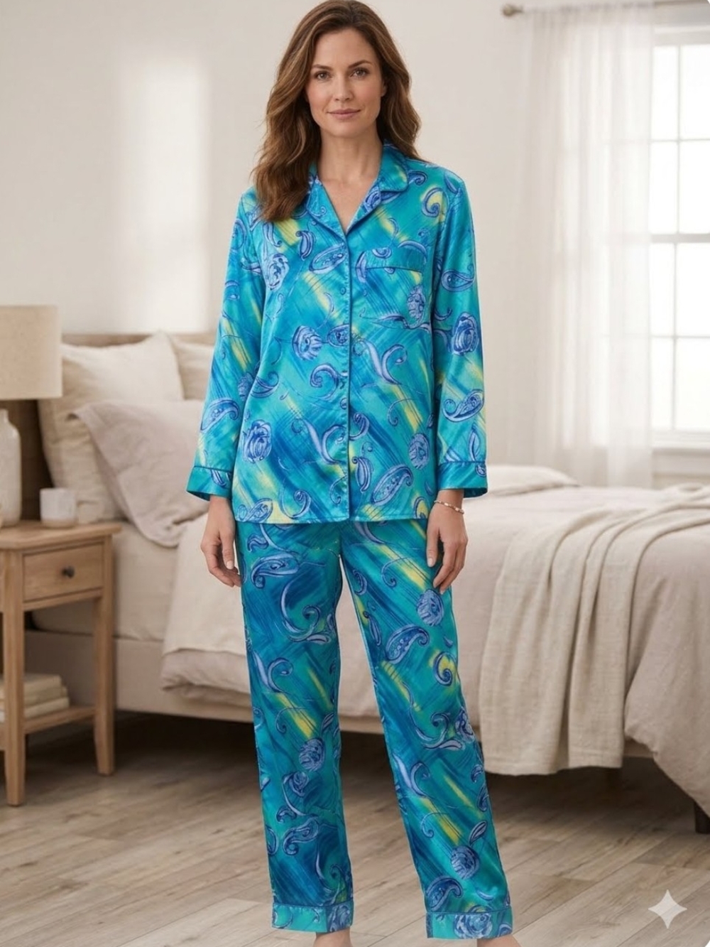 Vintage Blue Swirl Satin Pajama Set - Relaxed Button-Front